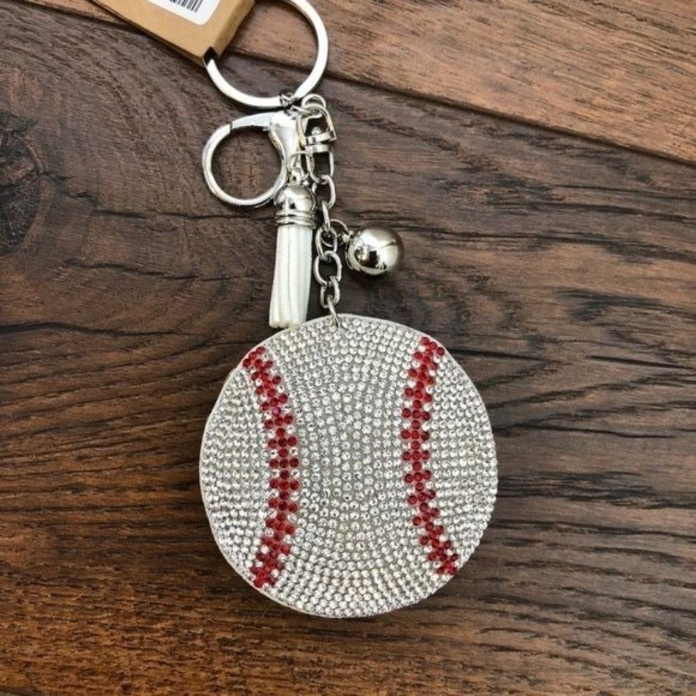 Puffed Rhinestone Baseball Key Chain Purse Charm - Picture 5 of 8